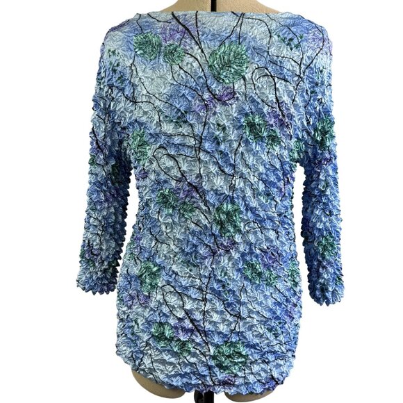 VTG Bubble TEXTURED Floral Pullover Top – Blue/Green Rosette Effect, Hand‑Wash - Picture 2 of 9